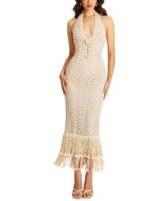 Faelyn Double Fringe Crochet Halter Maxi Dress by MISS CIRCLE