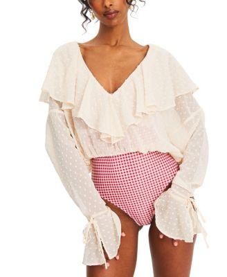 Magali Dotted Mesh Ruffle V Collar Top by MISS CIRCLE