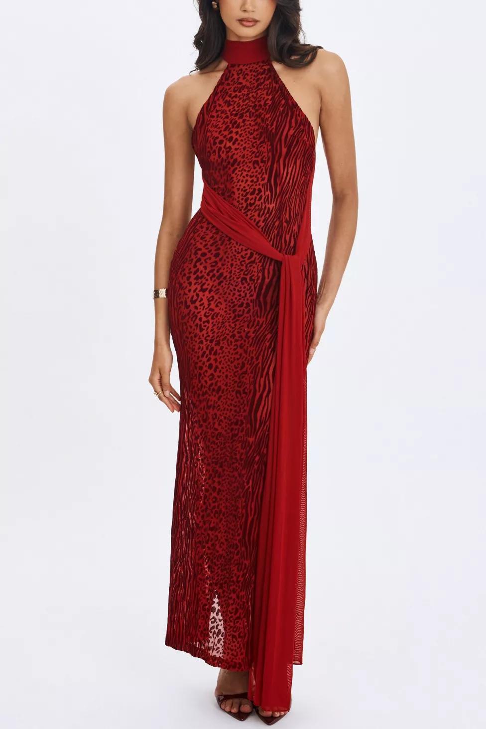 Miss Circle Cerise Burnout Velvet High Neck Maxi Dress by MISS CIRCLE