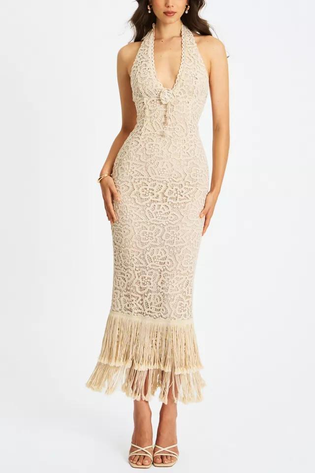 Miss Circle Faelyn Fringe Crochet Halter Maxi Dress by MISS CIRCLE