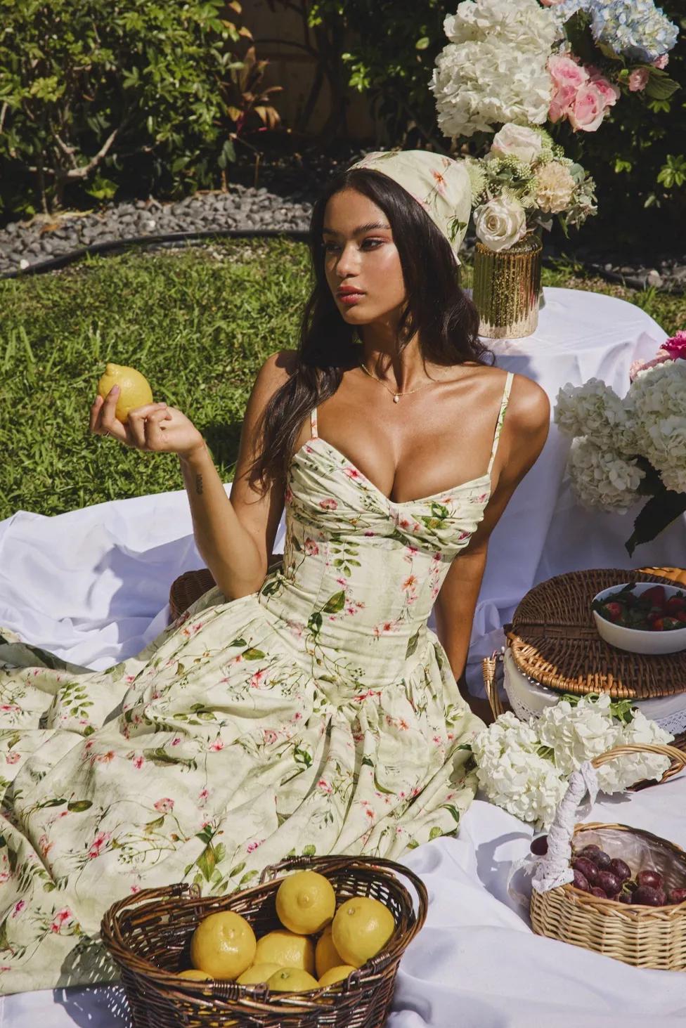 Miss Circle Jacinda Floral Ruched Linen Midi Dress by MISS CIRCLE