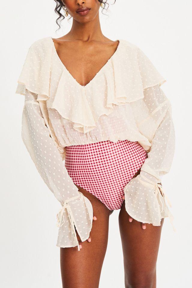 Miss Circle Magali Dotted Mesh Ruffle V Collar Top by MISS CIRCLE