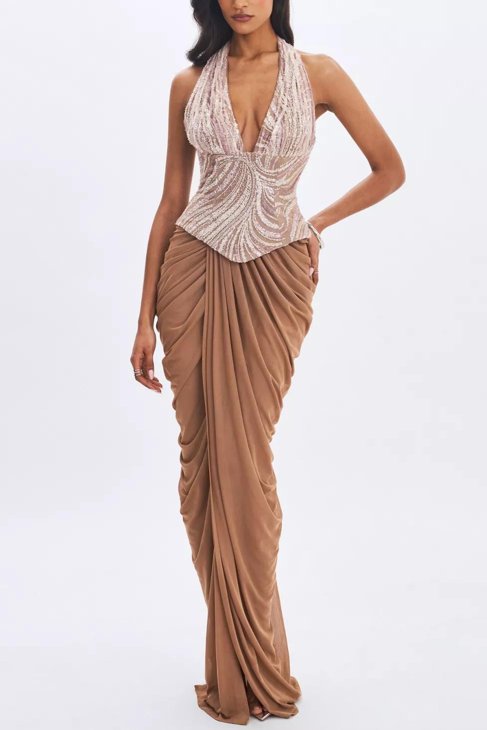 Miss Circle Nancie Beaded Halter Peplum Pleated Maxi Dress by MISS CIRCLE