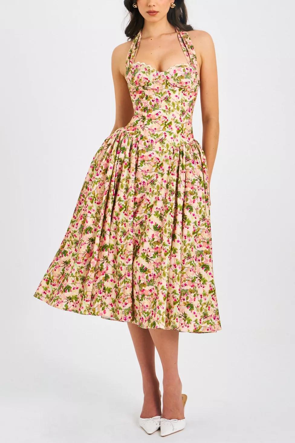 Miss Circle Niya Floral Linen Halter Maxi Dress by MISS CIRCLE
