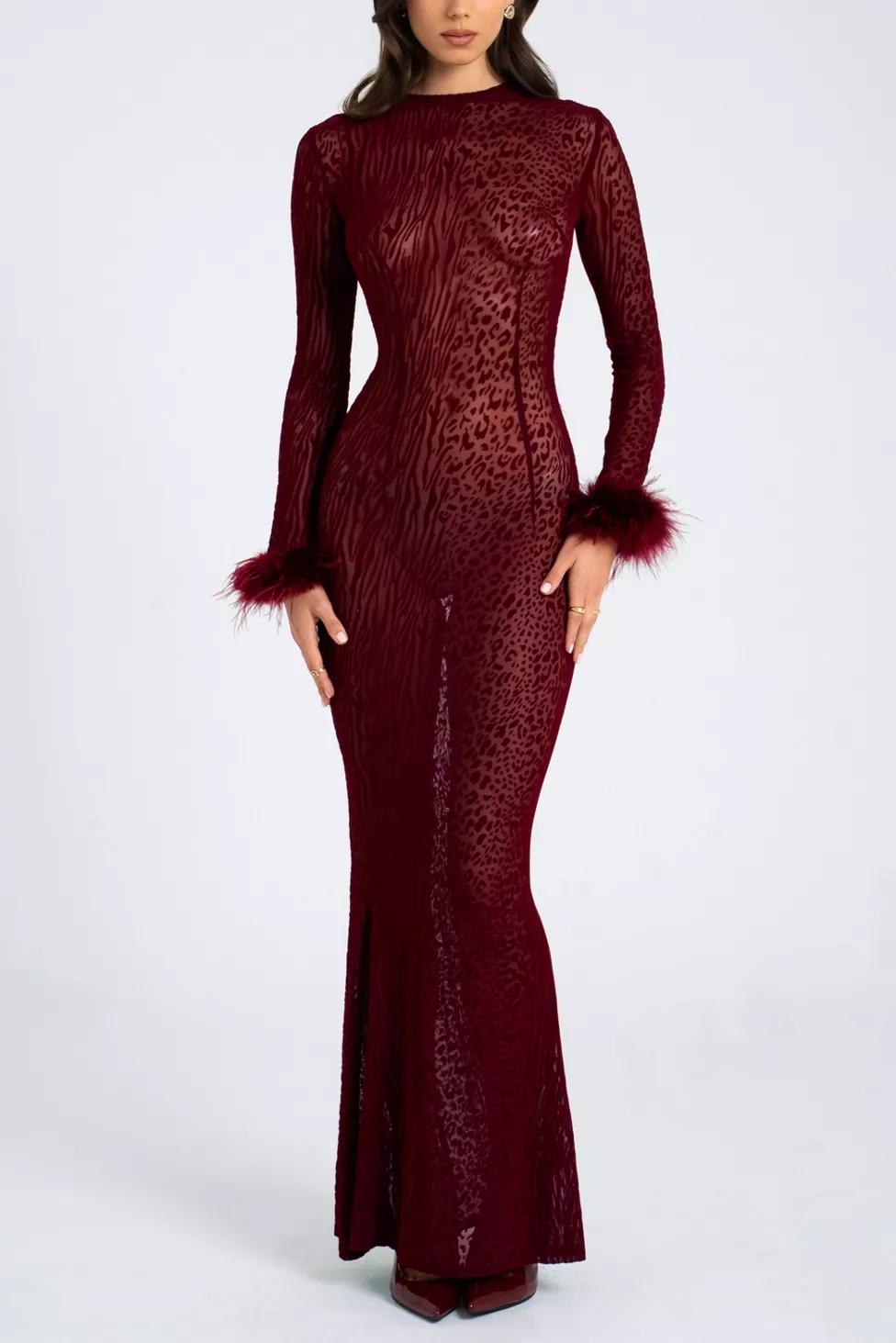 Miss Circle Patricia Fur Trim Burnout Velvet Maxi Dress by MISS CIRCLE