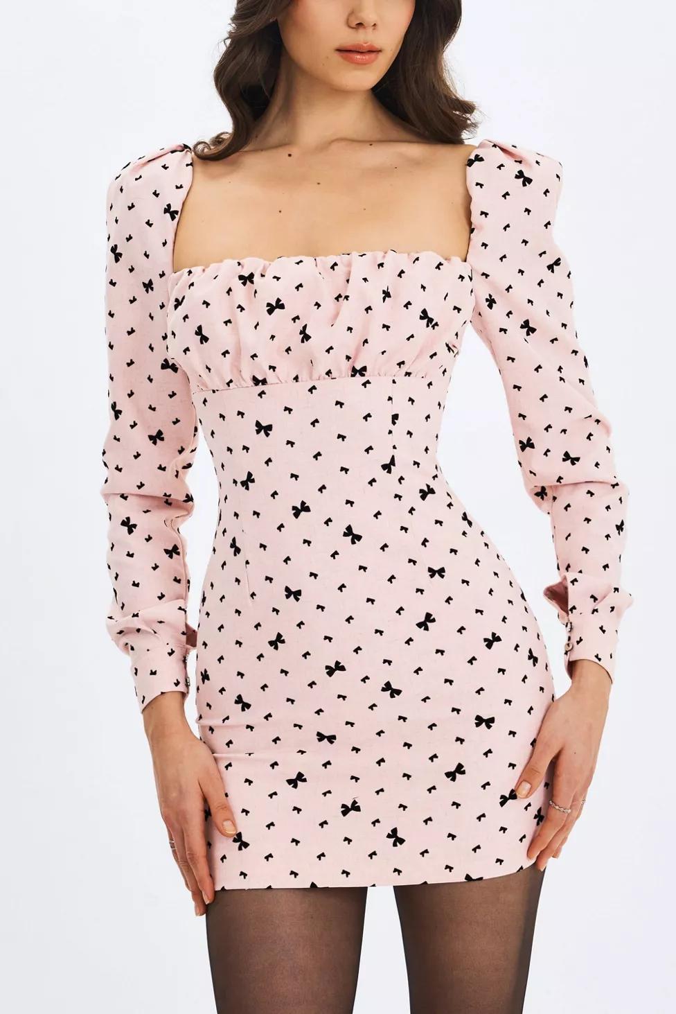 Miss Circle Perla Ruched Bust Velvet-Embossed Bow Mini Dress by MISS CIRCLE