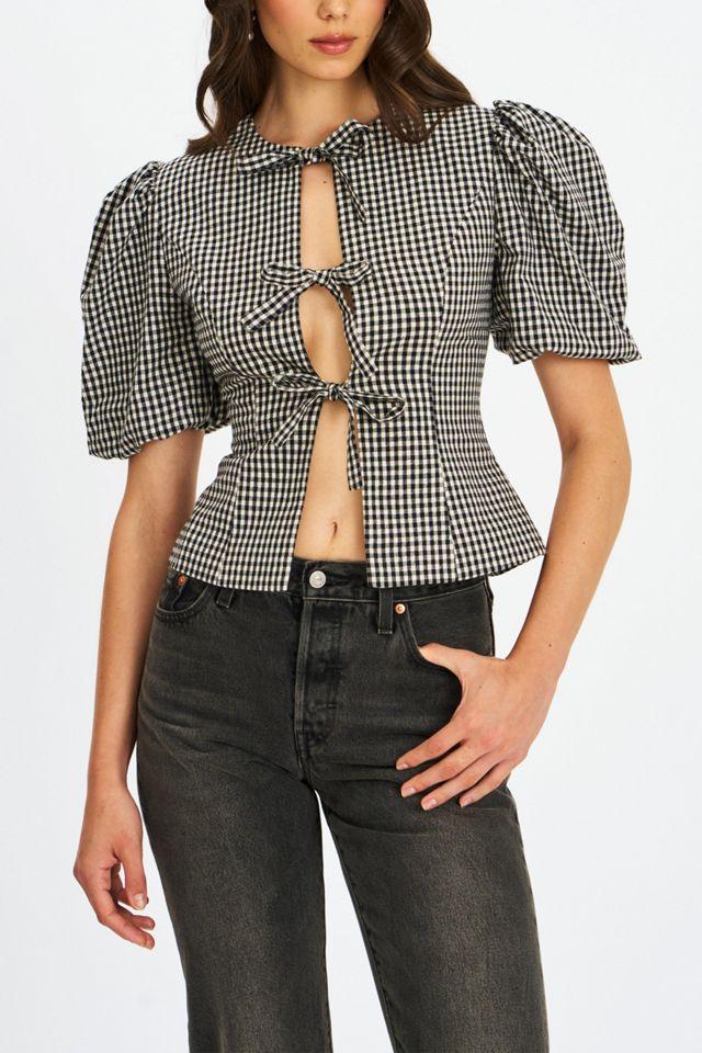 Miss Circle Qusayla Gingham Bubble Sleeve Bowtie Top by MISS CIRCLE