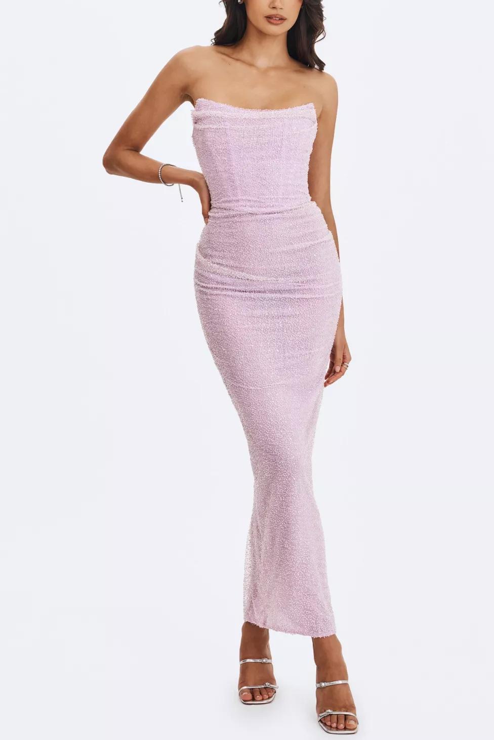 Miss Circle Raylee Beaded Mesh Strapless Maxi Dress by MISS CIRCLE