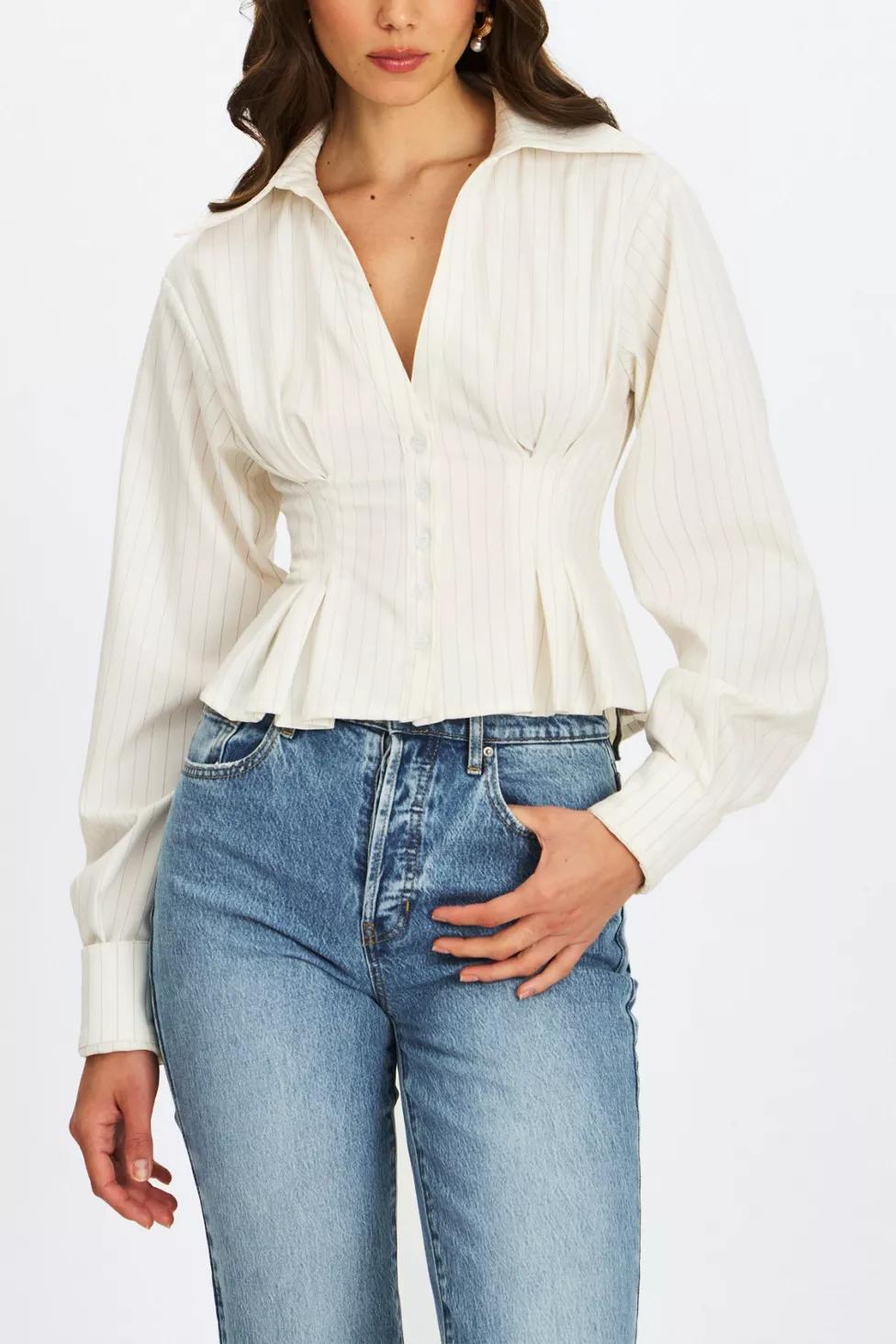 Miss Circle Sylvia Pinstripe Deep V Pleated Shirt by MISS CIRCLE