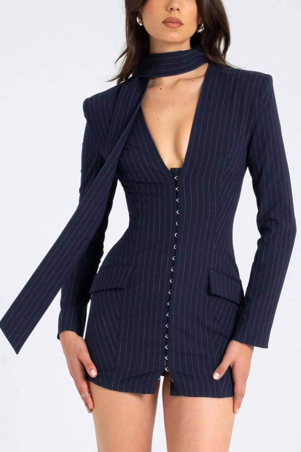 Miss Circle Tahlia Pinstripe Scarf Blazer Dress by MISS CIRCLE