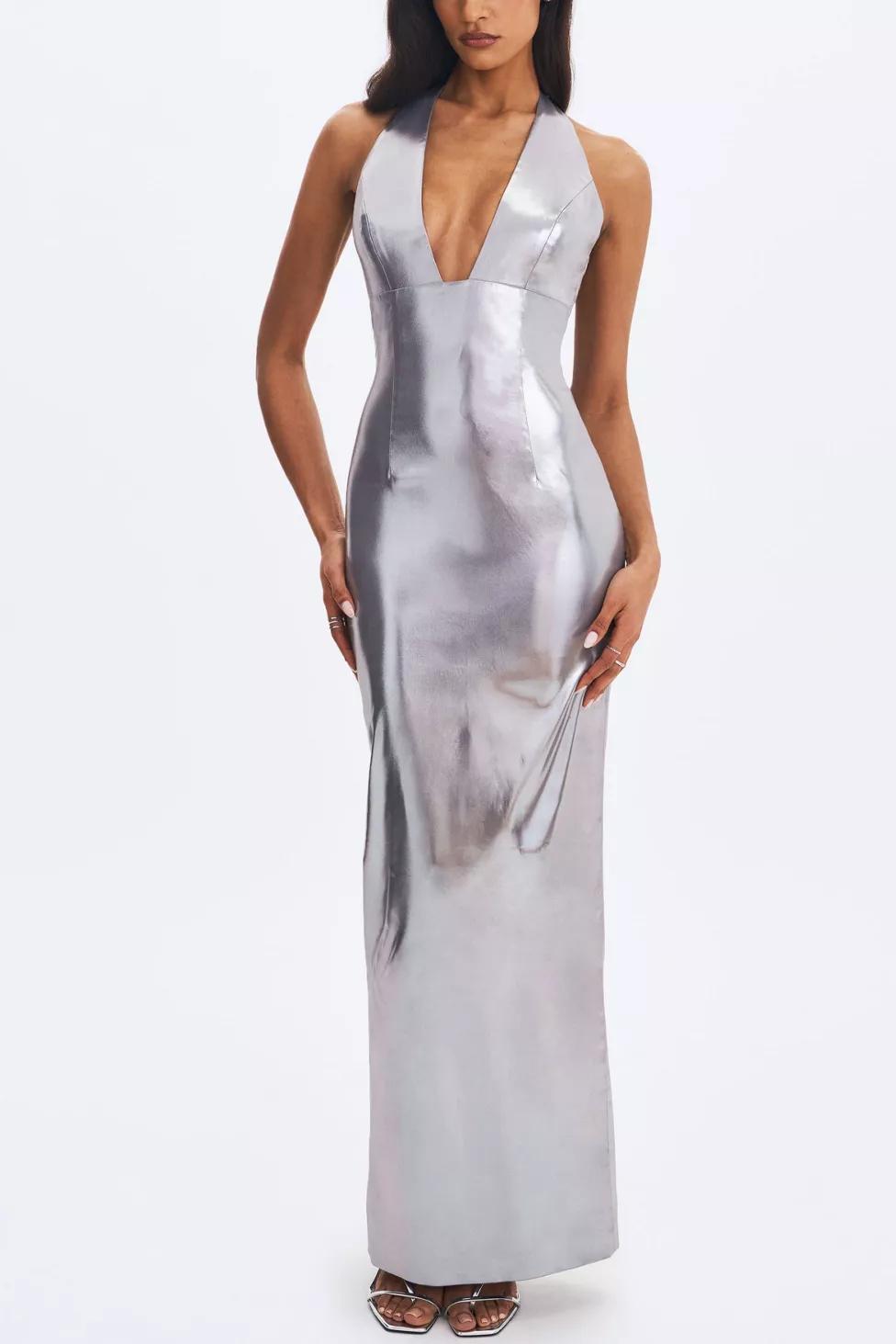 Miss Circle Valeska Foil Plunging Maxi Dress by MISS CIRCLE