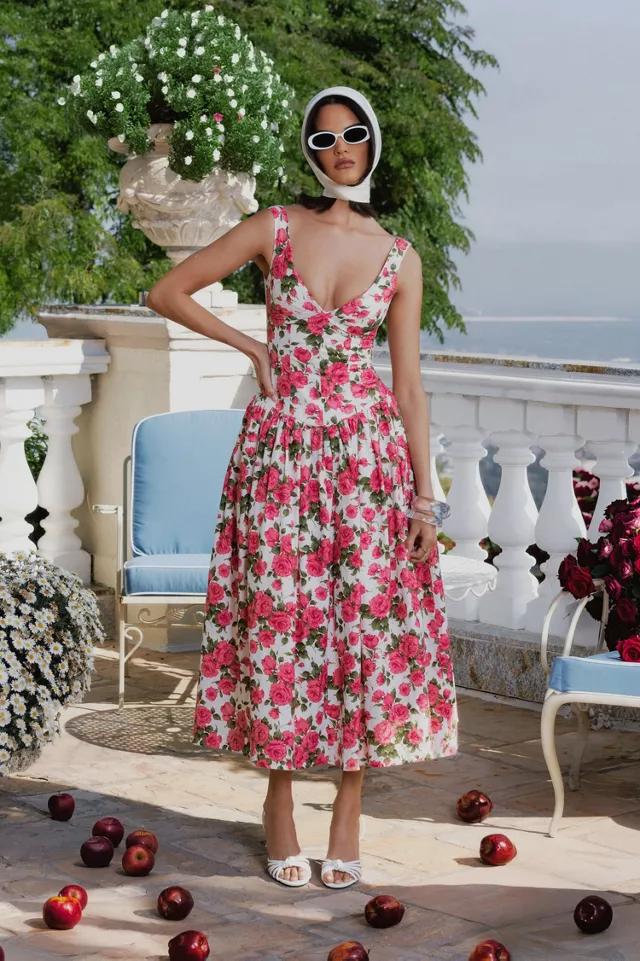 Miss Circle Wilfreda Floral Linen Sweetheart Midi Dress by MISS CIRCLE
