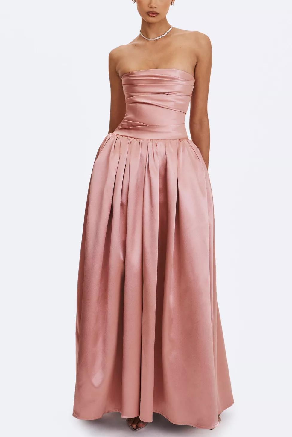 Miss Circle Willette Satin Strapless Gathered Maxi Dress by MISS CIRCLE