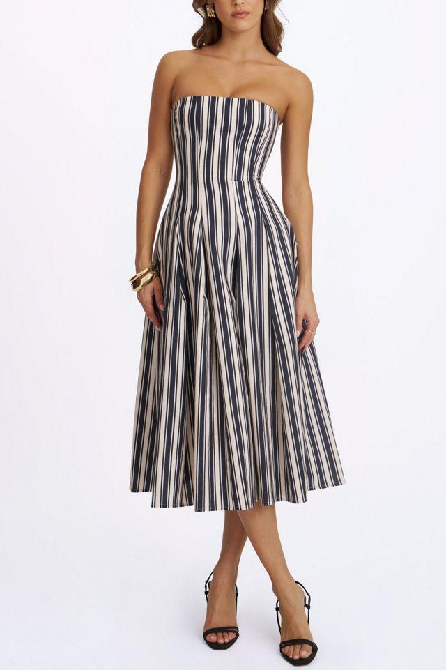 Miss Circle Wyanne Linen Striped Strapless Midi Dress by MISS CIRCLE