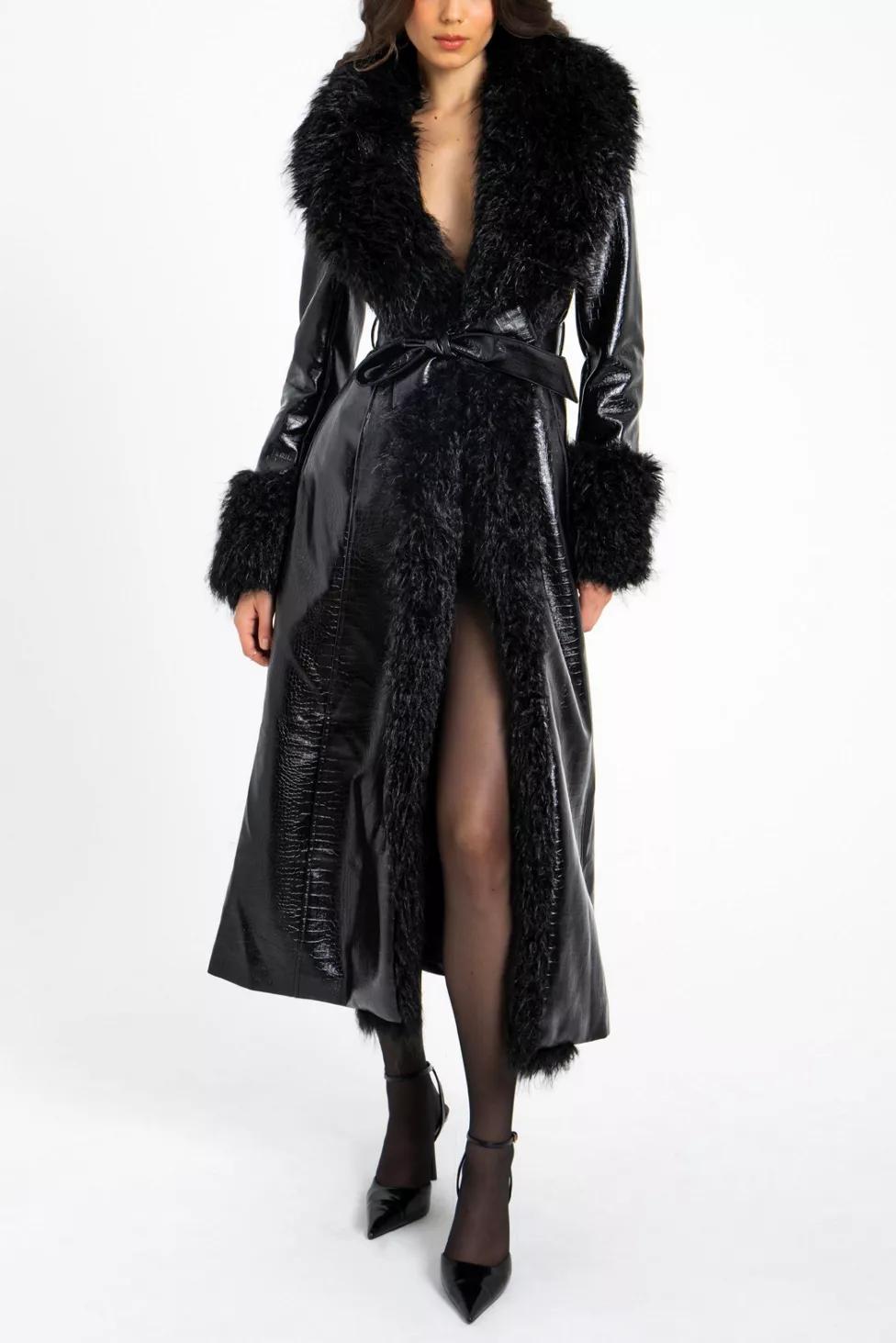 Miss Circle Zella Faux Fur Trim Vegan Croc Leather Coat by MISS CIRCLE