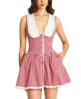 Nala Gingham Eyelet Lace Trim Peterpan Collar Mini Dress by MISS CIRCLE