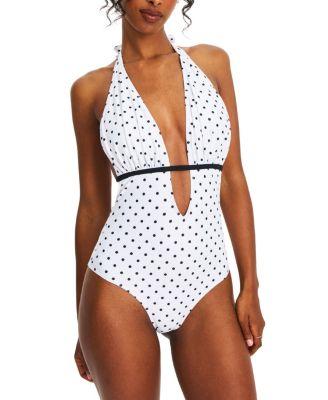 Olive Polka Dot Ruched Halter Backless Swimsuit by MISS CIRCLE