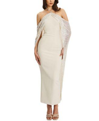 Quimera Beaded Cape Halter Off-Shoulder Maxi Gown by MISS CIRCLE