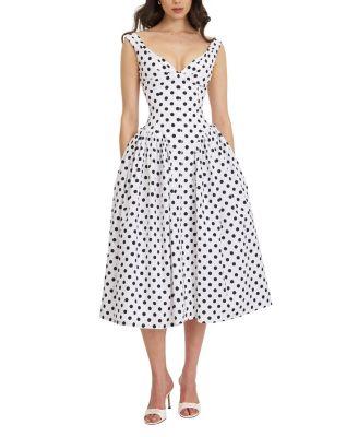 Rahma Polka Dot Drop Waist Midi Cotton Poplin Dress by MISS CIRCLE