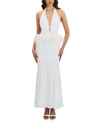 Solene Pleated Halter Backless Feather-Trim Maxi Dress by MISS CIRCLE