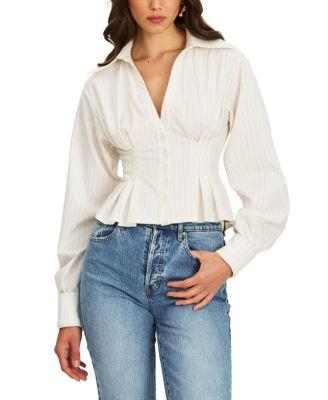 Sylvia Pinstripe Deep V Pleated Shirt by MISS CIRCLE