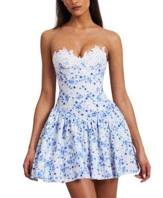 Taleah Floral Print Linen Mini Dress with Lace Trim by MISS CIRCLE