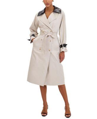 Umber Double-Breasted Faux Leather Lapel Trench Coat by MISS CIRCLE