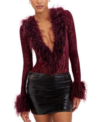 Valene Burnout Velvet Fur-Trim Bodysuit by MISS CIRCLE