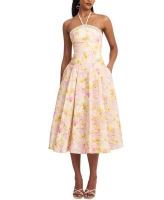 Zaina Floral Print Lace Trim Linen Midi Dress by MISS CIRCLE