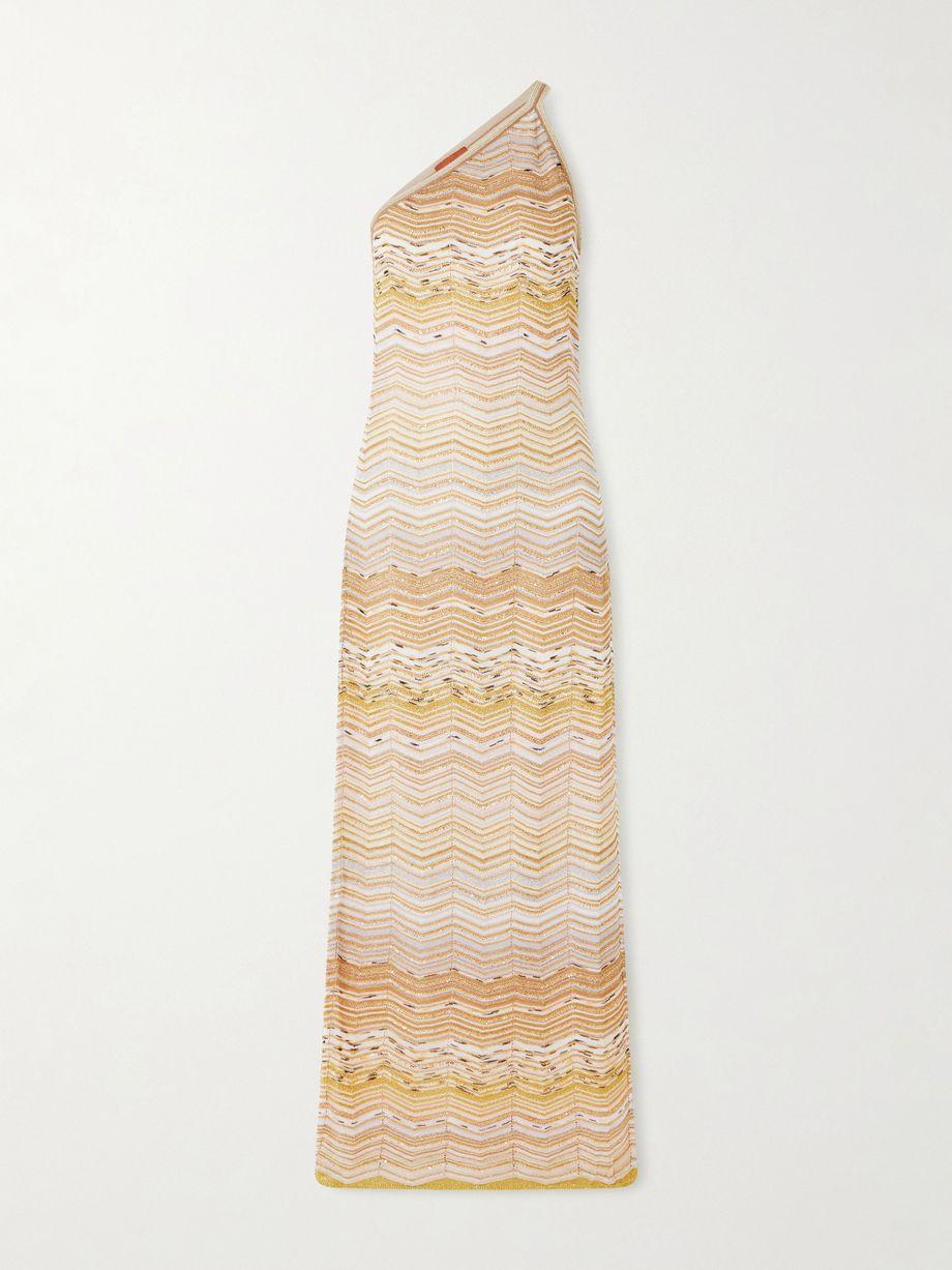 One-shoulder sequin-embellished striped metallic crochet-knit maxi dress by MISSONI
