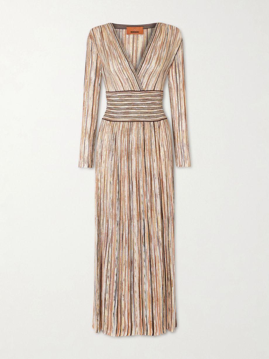 Sequin-embellished striped metallic crochet-knit midi dress by MISSONI