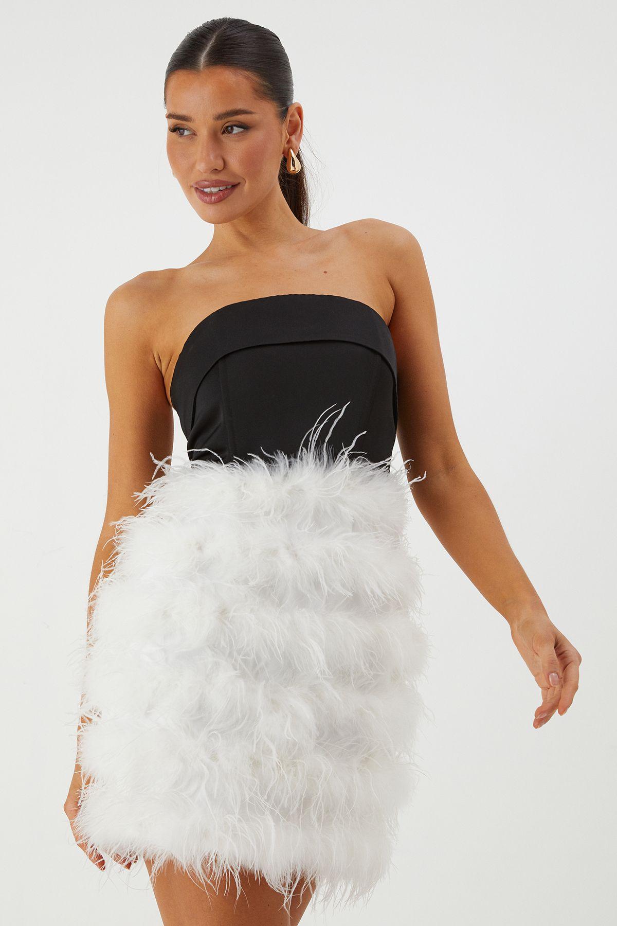 Bandeau Satin Feather Mini Dress by MISSPAP