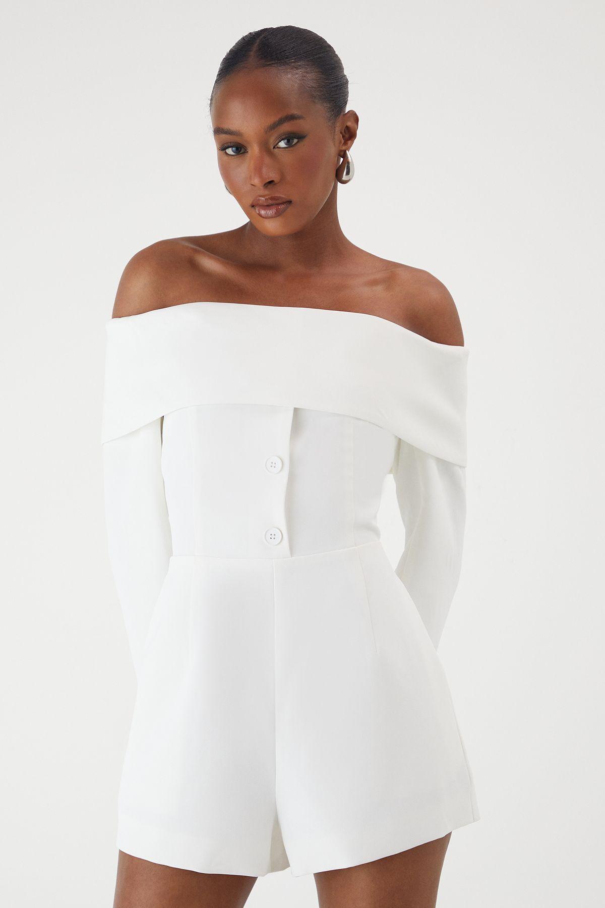 Bardot Fold Over Detail Button Playsuit by MISSPAP