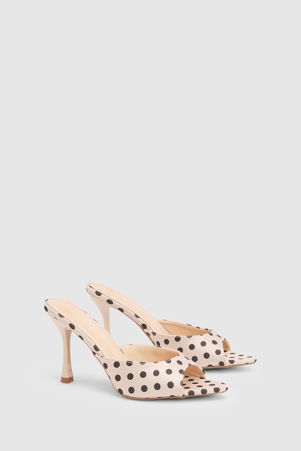 Beige Polka Dot Faux Leather High Stiletto Heeled Mules by MISSPAP