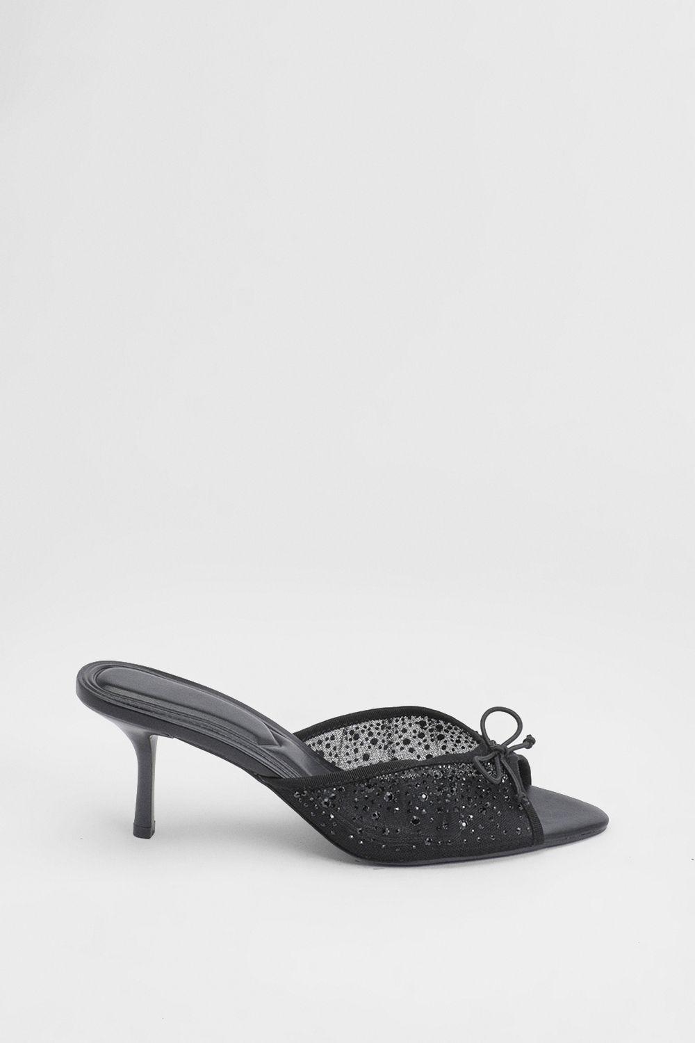 Black Embellished Mesh Faux Leather Medium Heeled Mules by MISSPAP