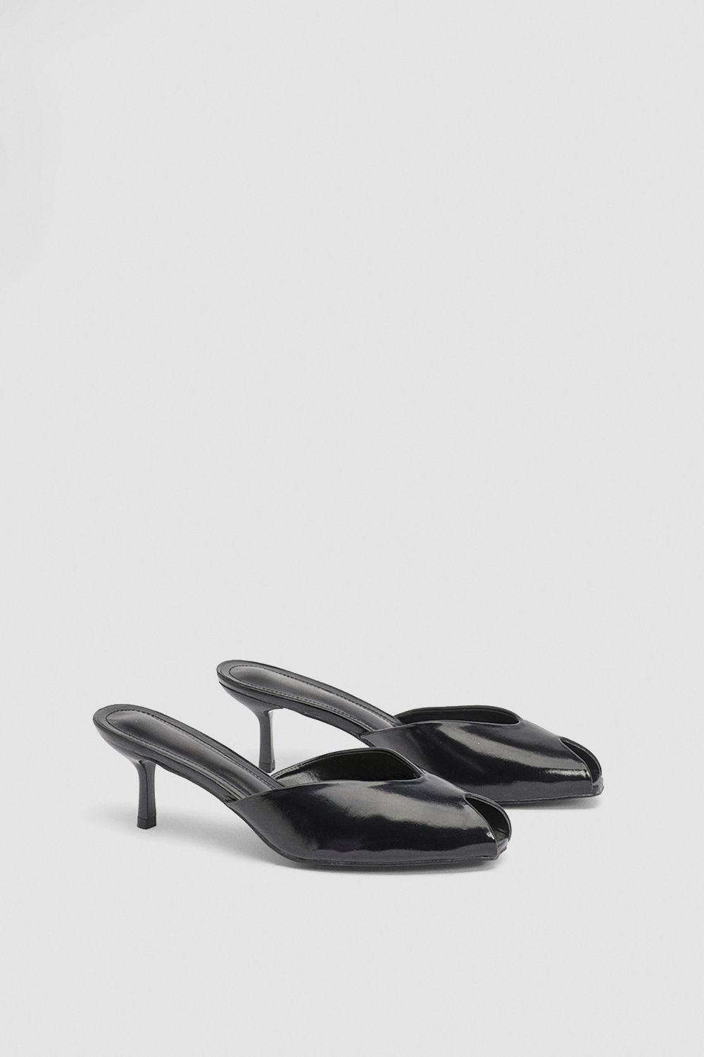 Black Faux Leather Mid Stiletto Heel Peep Toe Mules by MISSPAP