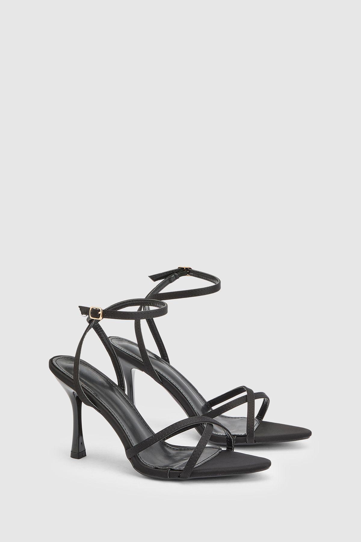 Black Satin Cross Strap High Stiletto Heeled Sandals by MISSPAP