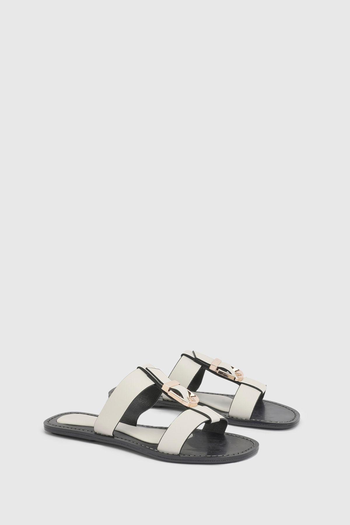 Bone Faux Leather Buckle T-Bar Flat Sliders by MISSPAP