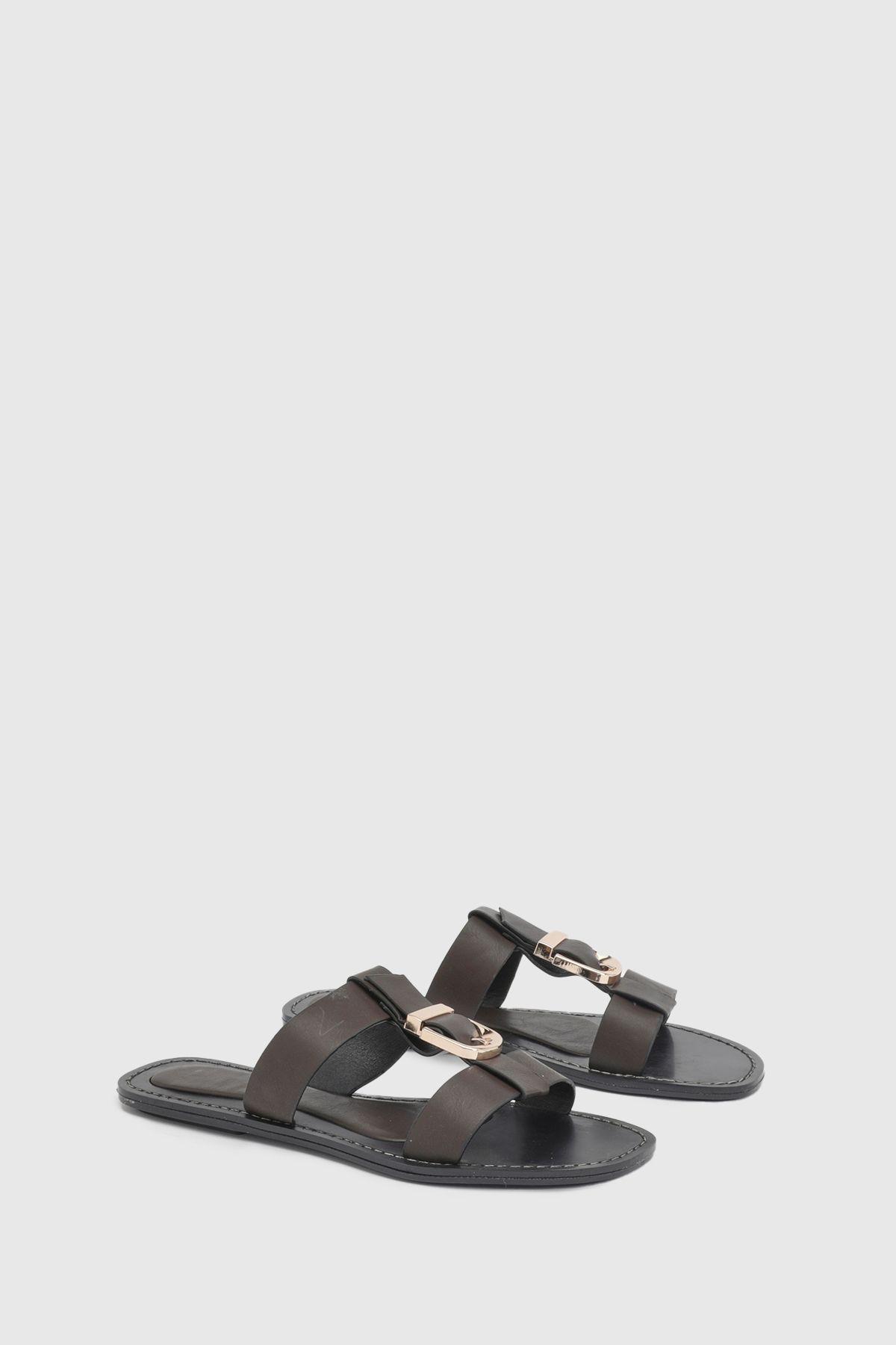 Brown Faux Leather Buckle T-Bar Flat Sliders by MISSPAP