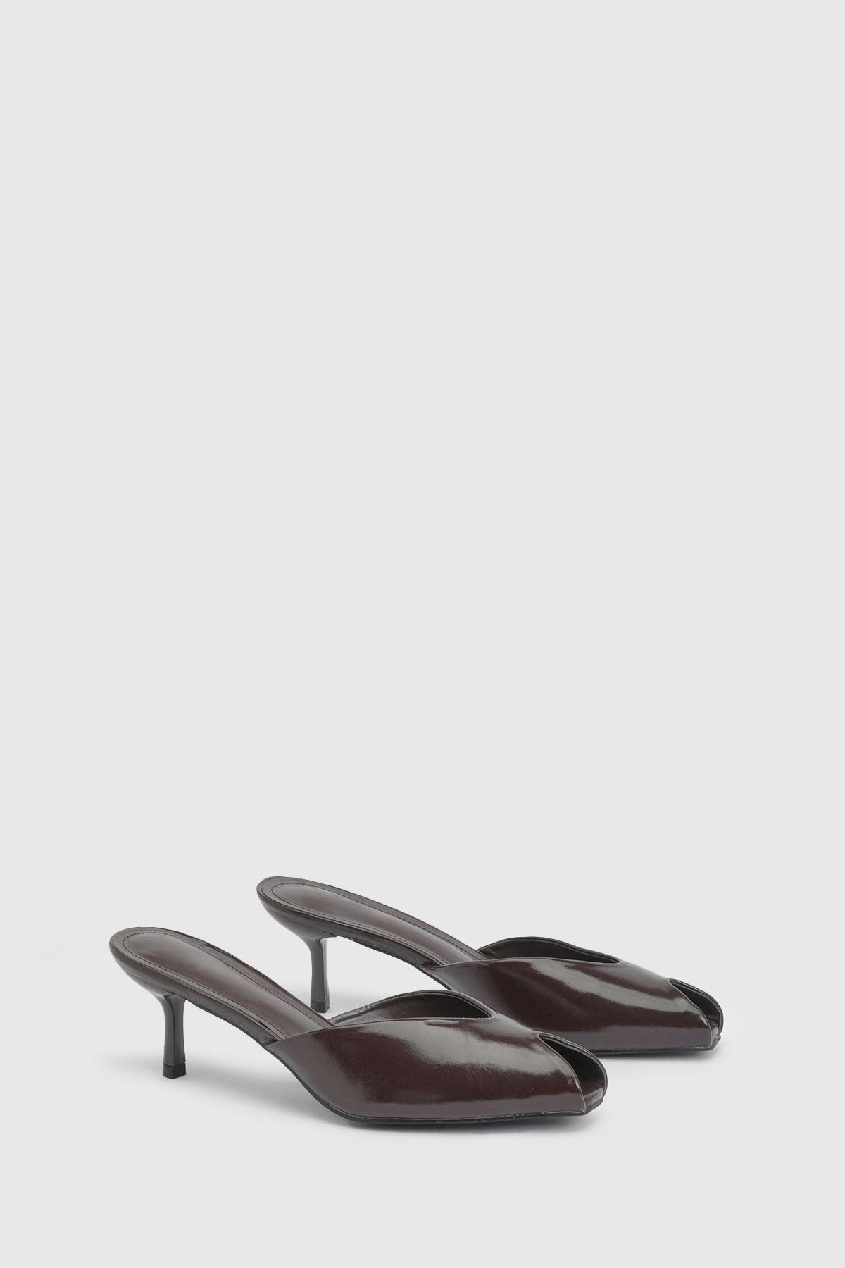 Brown Faux Leather Mid Stiletto Heel Peep Toe Mules by MISSPAP