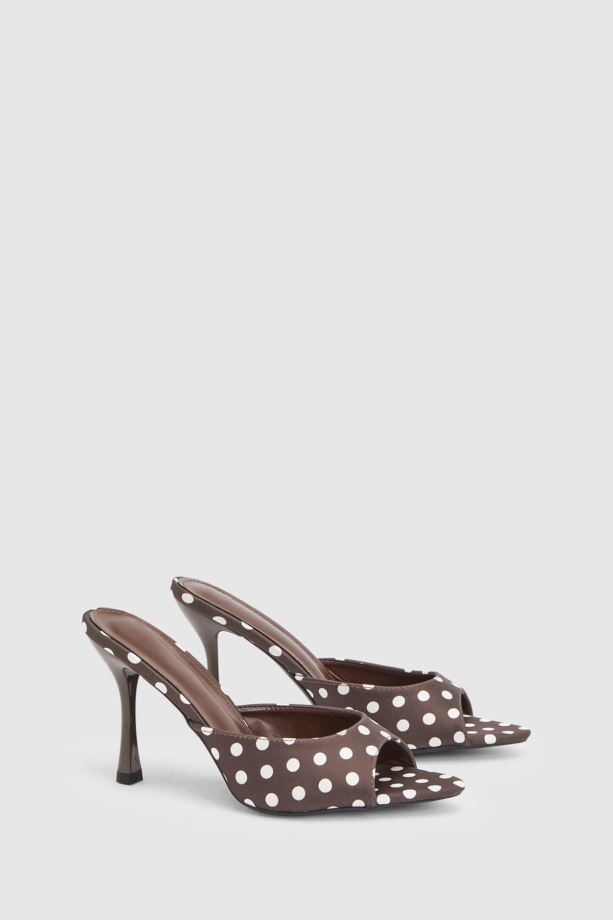 Brown Polka Dot Faux Leather High Stiletto Heeled Mules by MISSPAP