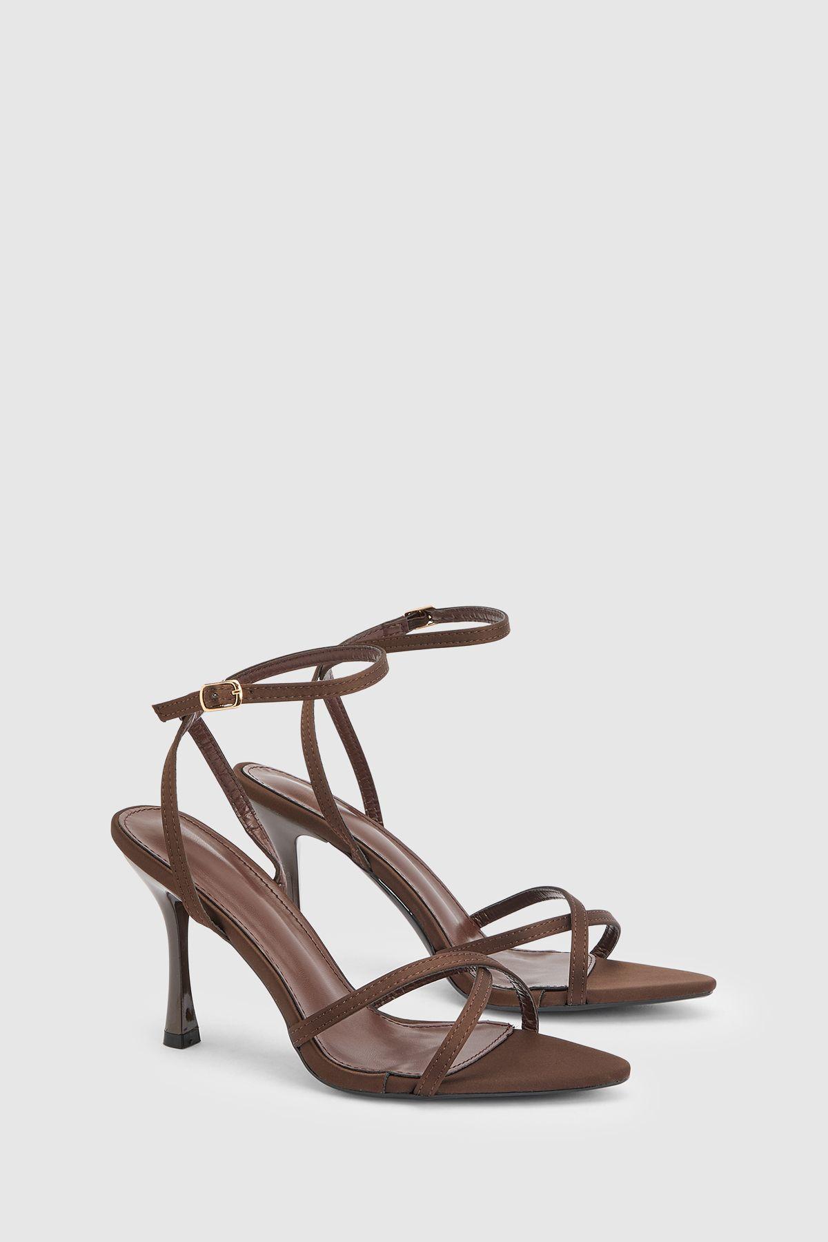 Chocolate Satin Cross Strap High Stiletto Heeled Sandals by MISSPAP