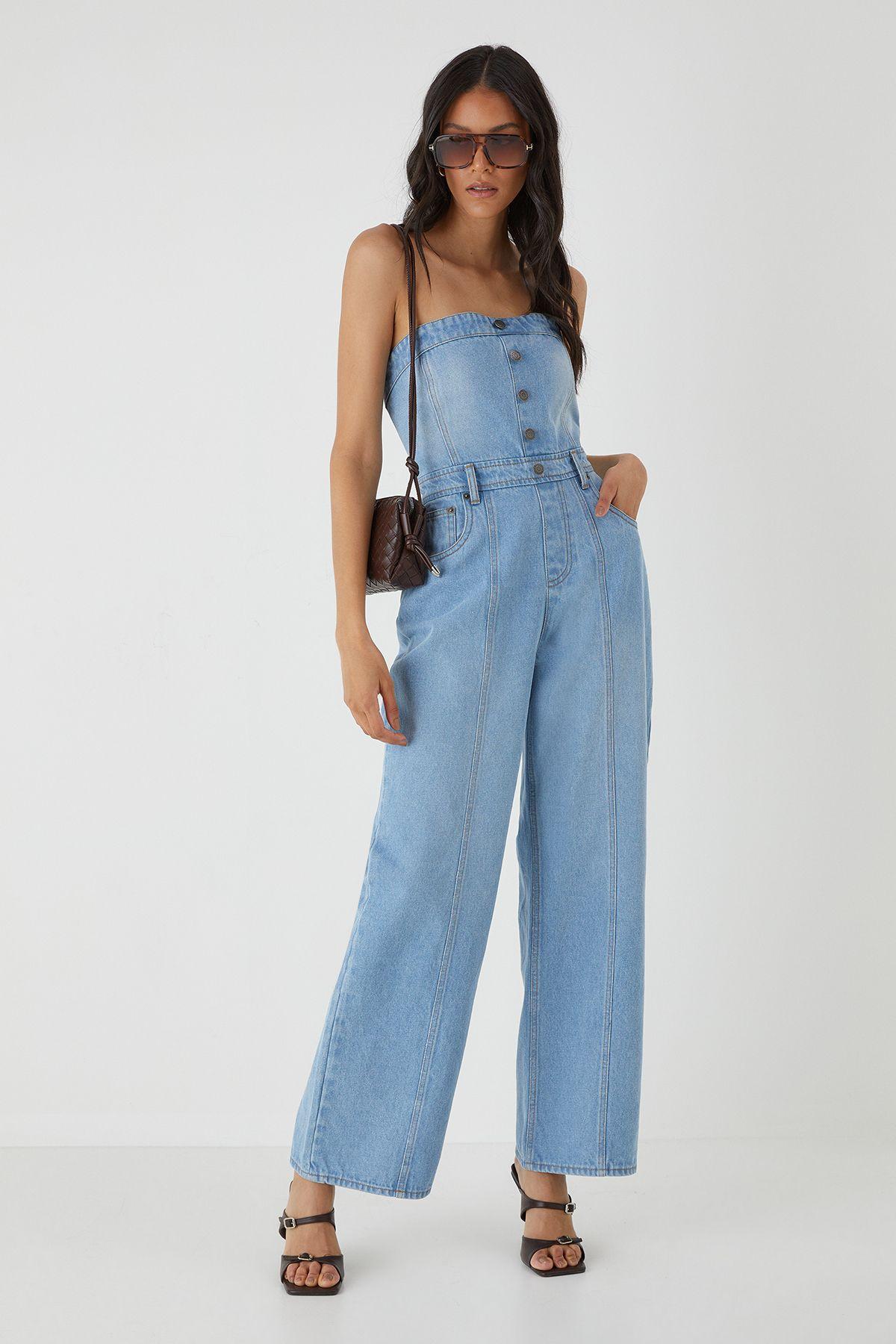 Denim Button Front Bandeau Jumpsuit by MISSPAP