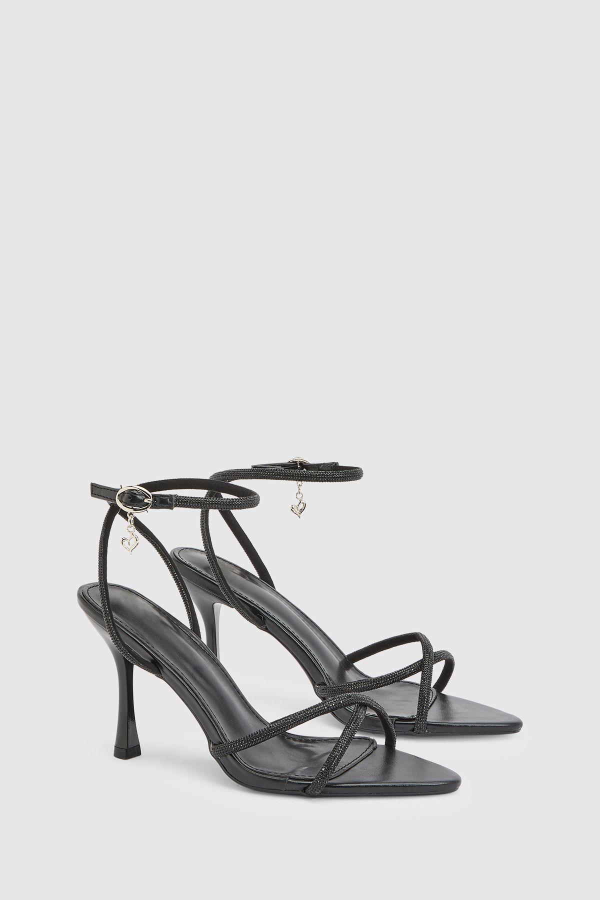 Dottie Black Faux Leather Diamante Embellished Cross Strap Stiletto Heeled Sandals by MISSPAP