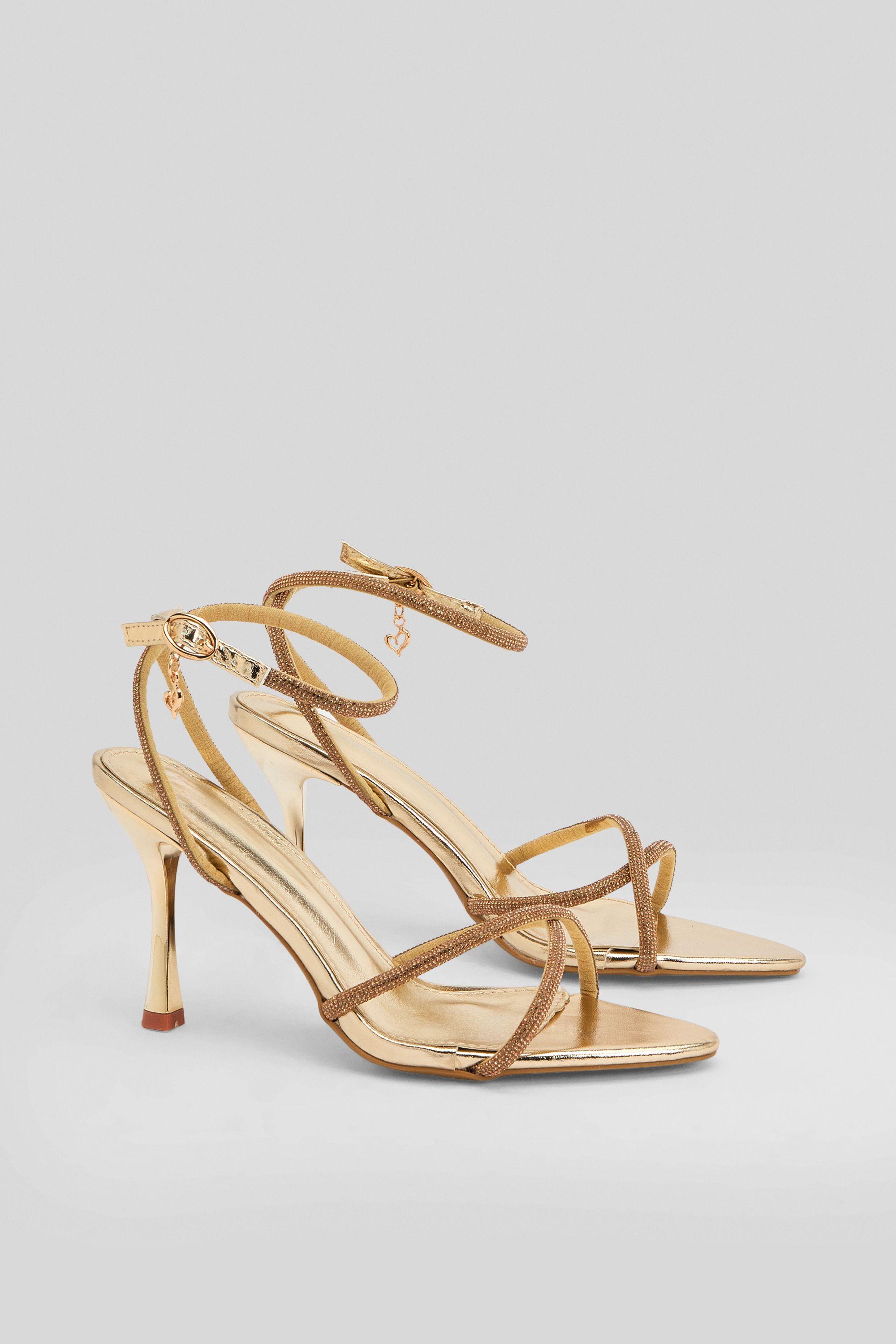 Dottie Gold Faux Metallic Leather Diamante Embellished Cross Strap Stiletto Heeled Sandals by MISSPAP