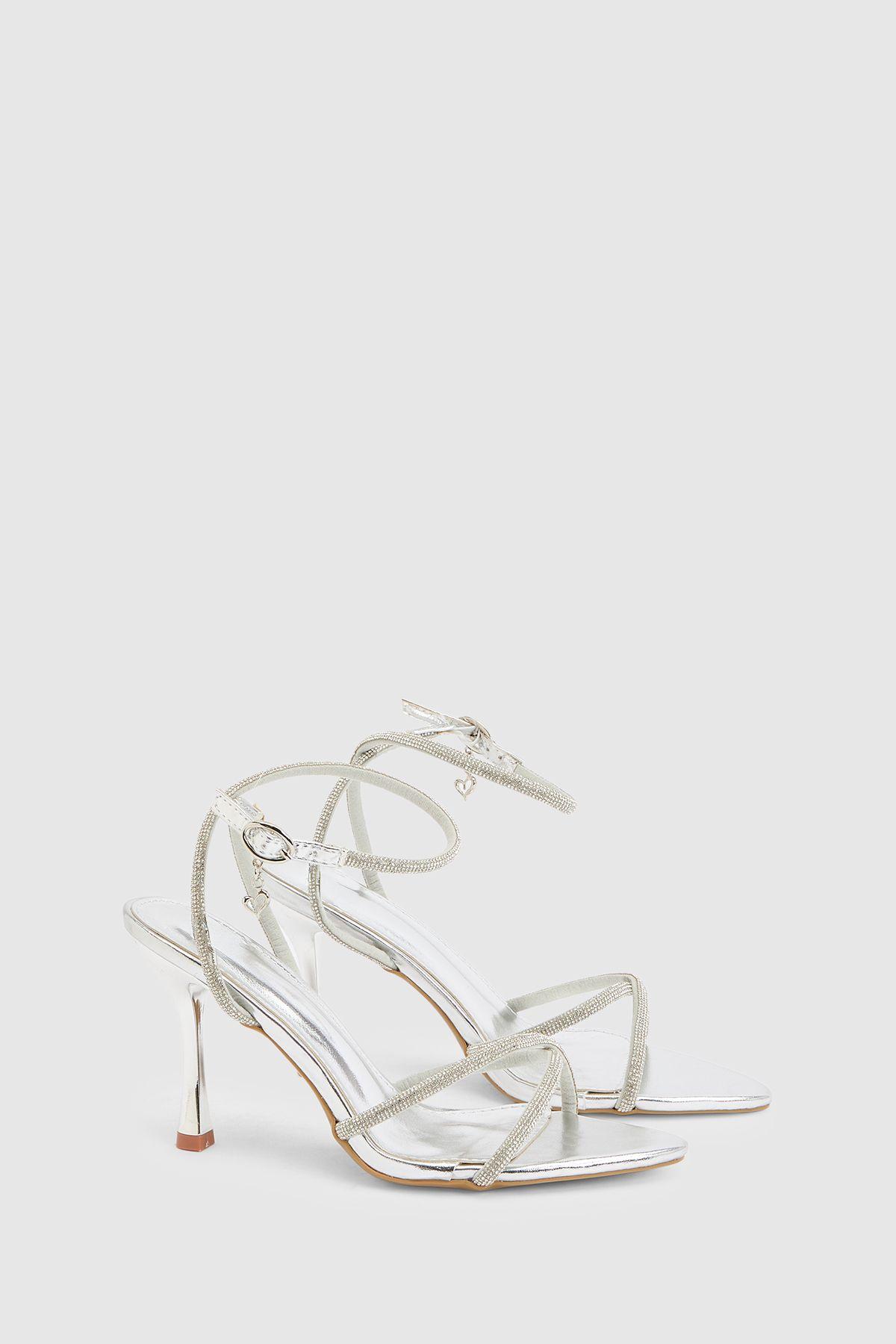 Dottie Silver Faux Metallic Leather Diamante Embellished Cross Strap Stiletto Heeled Sandals by MISSPAP