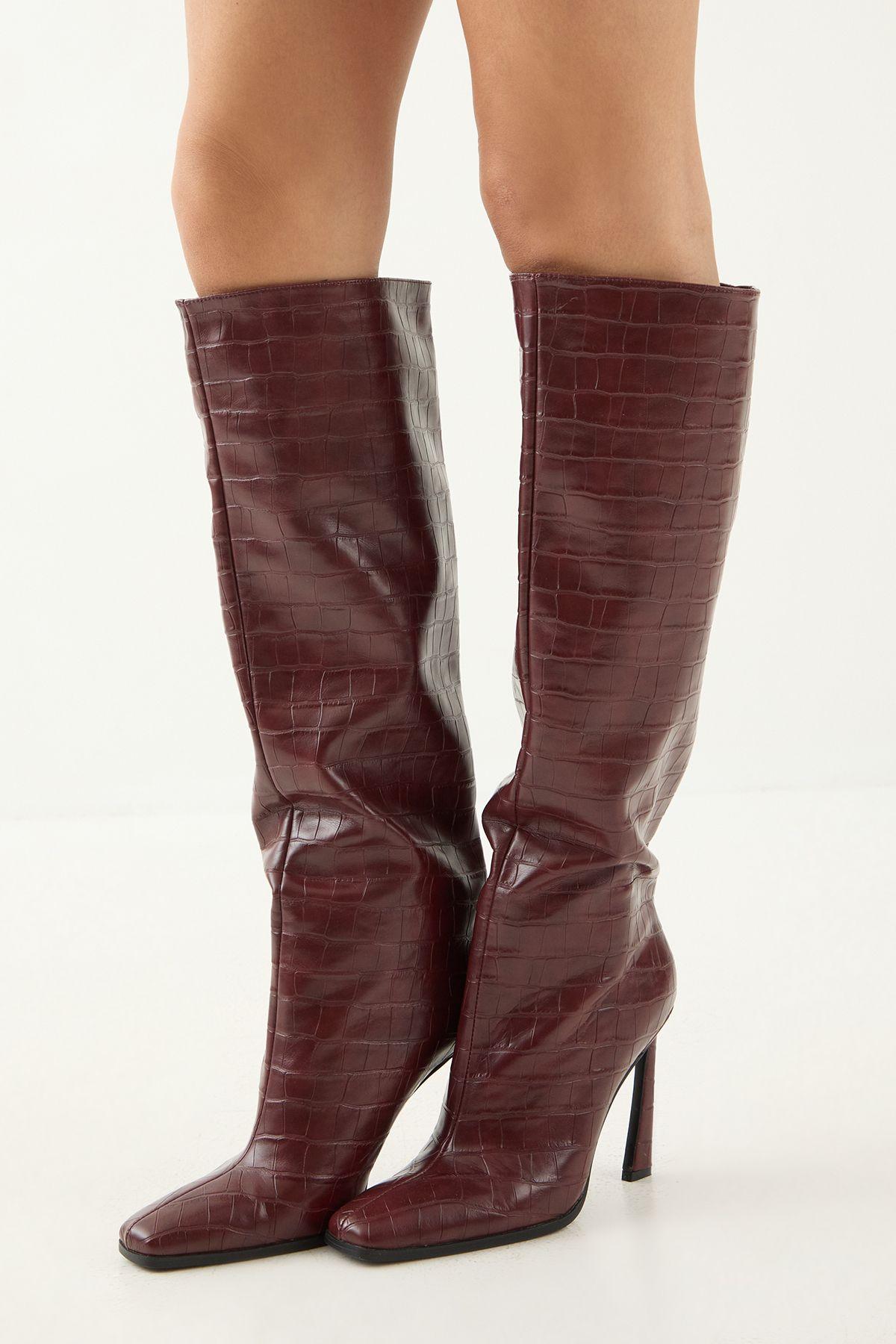 Faux Croc Leather High Flared Stiletto Heel Knee Boots by MISSPAP
