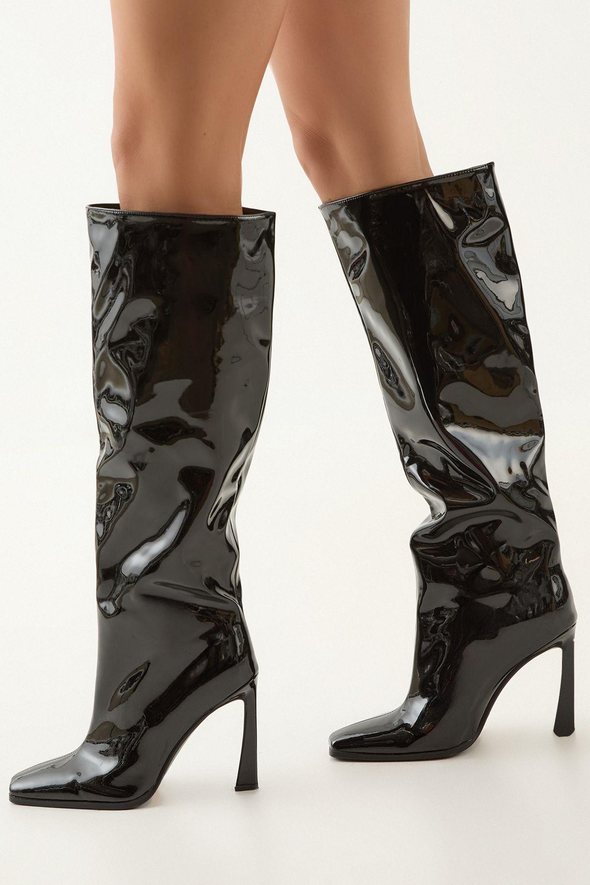 Faux Patent High Flared Stiletto Heel Knee Boots by MISSPAP