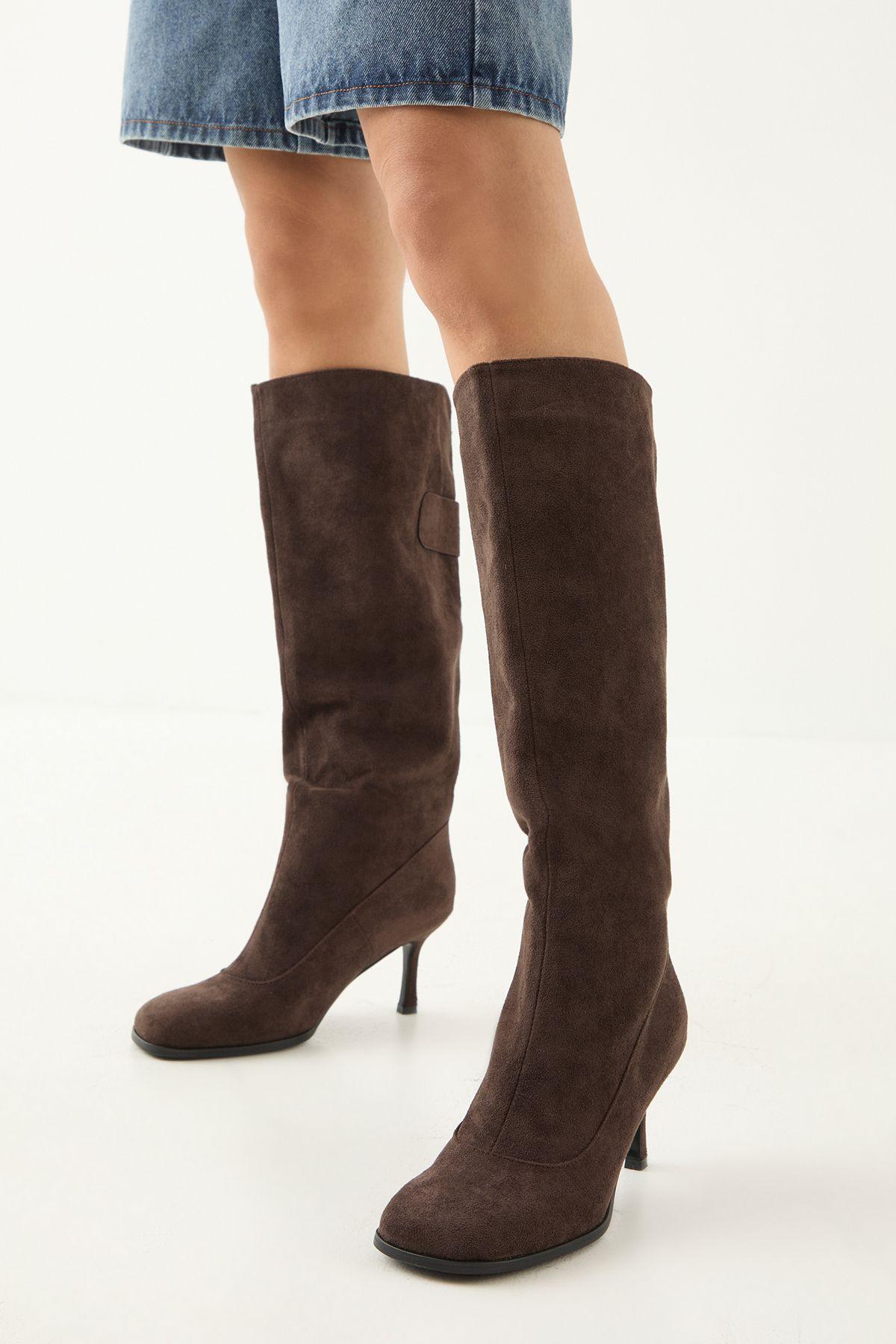 Faux Suede Square Toe Stiletto Heel Knee Boots by MISSPAP
