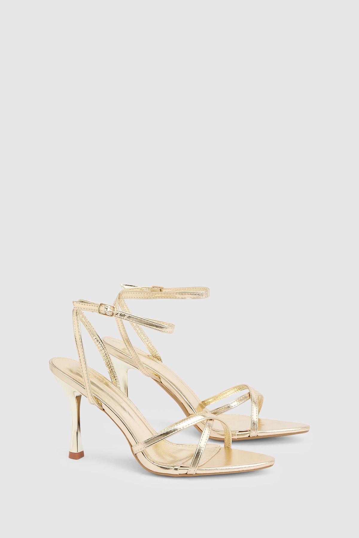 Gold Faux Metallic Leather Cross Strap High Stiletto Heeled Sandals by MISSPAP